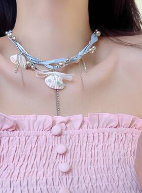 甜酷辣妹度假风缠绕圆珠贝壳蝴蝶结吊坠颈流苏项链个性镶钻链配饰