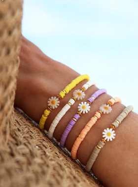 ins波西米亚度假风简约软陶片弹力绳串珠小雏菊手链女士欧美饰品