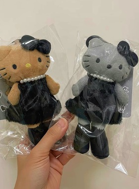 日本NIC长腿豹纹黑皮Kitty毛绒挂件可爱kt猫爱心扣书包挂饰钥匙扣