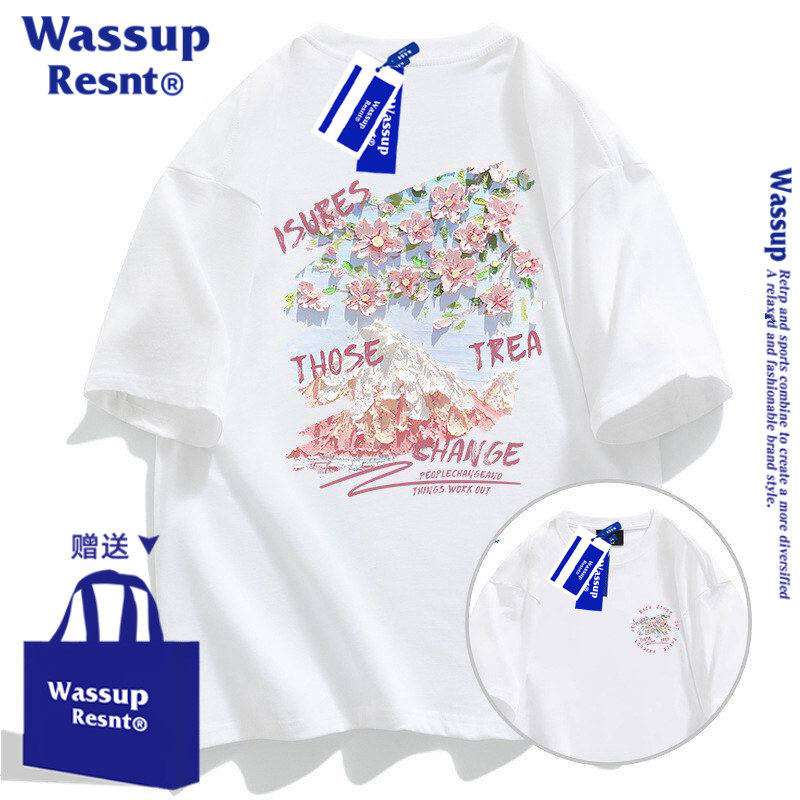 WASSUP日系油画白色短袖t恤男女夏季新款纯棉休闲半袖学生上衣服