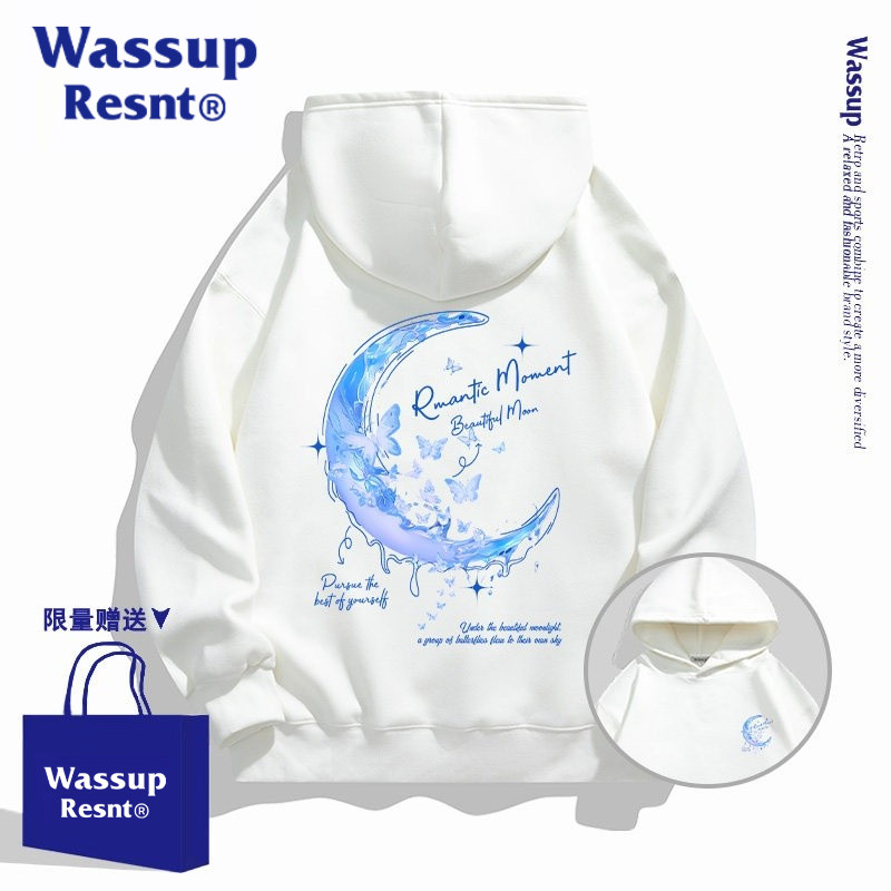 WASSUP蝴蝶月亮白色连帽卫衣男女2026秋季青少年时髦加绒上衣外套
