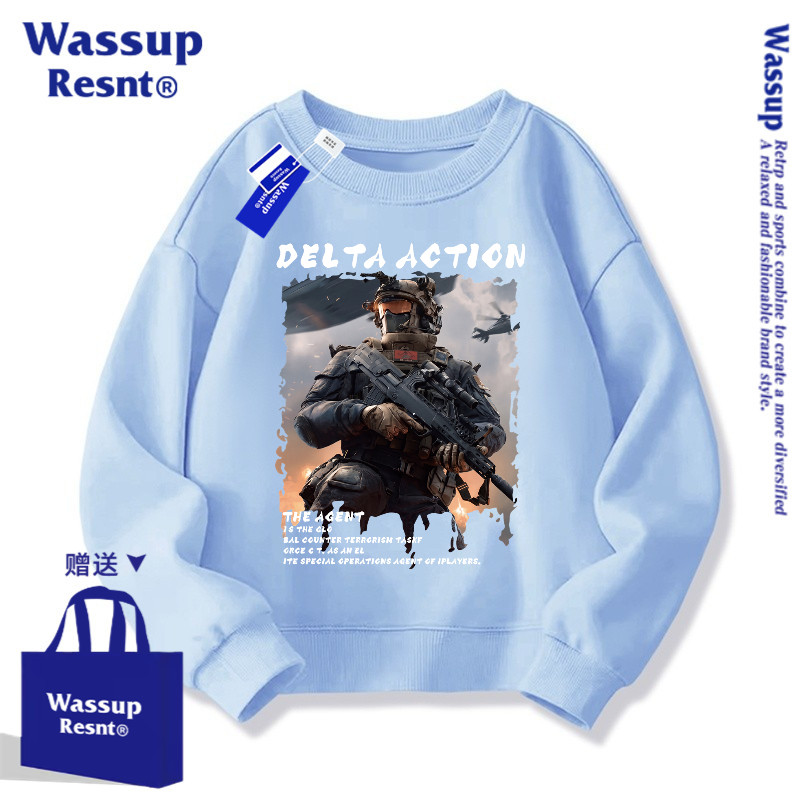 WASSUP三角洲游戏圆领卫衣男儿童学生威龙蚀金玫瑰加绒外套衣服