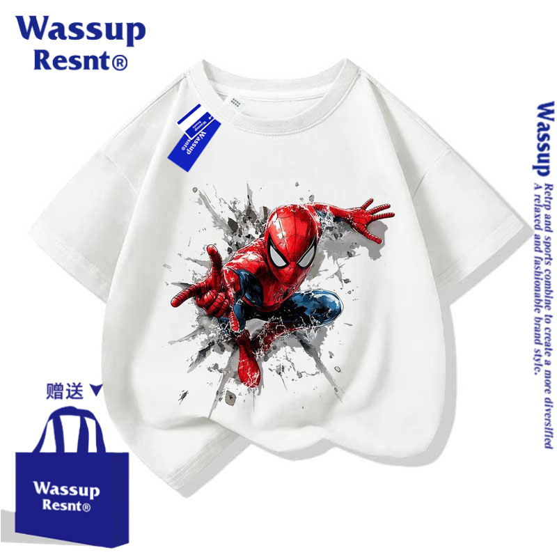 WASSUPSpider-Man蜘蛛侠联名短袖T恤衫男女儿童装学生宝宝棉半袖