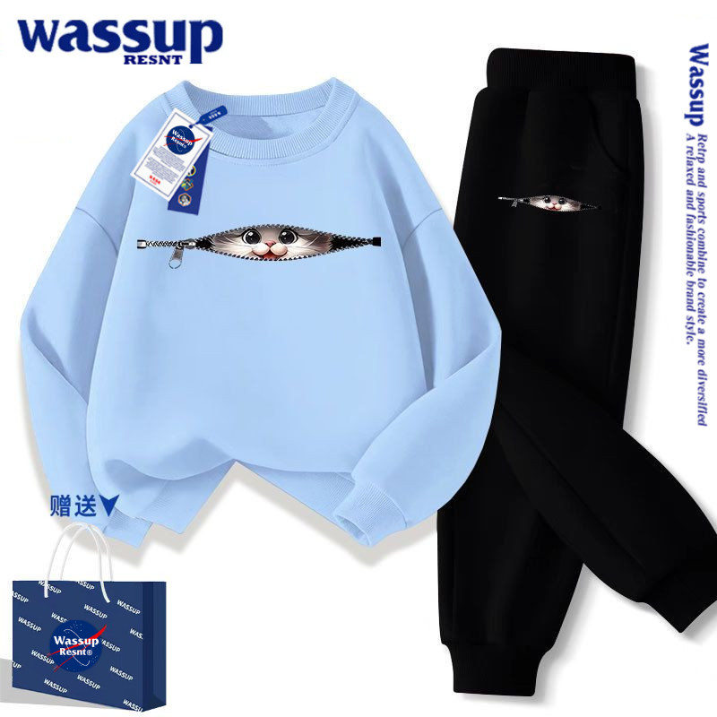 WASSUP猫咪衣服男女童卫衣春秋加厚中大童儿童学生秋装上衣套装