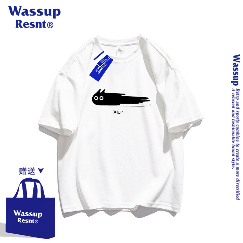 WASSUP纯棉t恤潮牌美式夏季男女情侣圆领宽松休闲百搭潮五分半袖