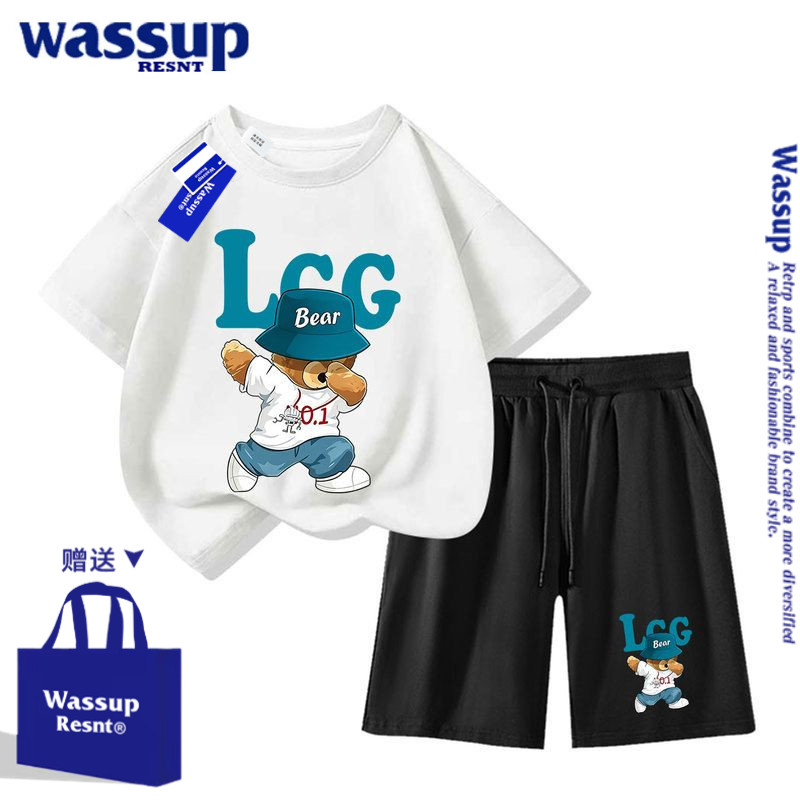 WASSUP联名红色小熊套装男女童夏季2026短袖短裤中大童运动服儿童