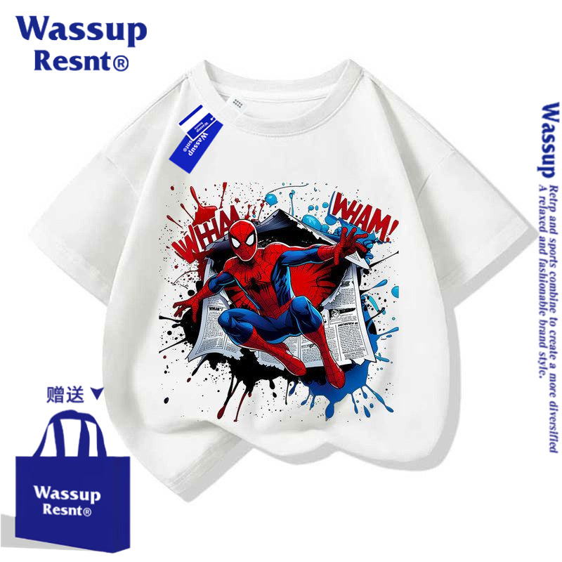 WASSUP蜘蛛侠崭新之威英雄spider man男儿童装短袖T恤衣服上衣