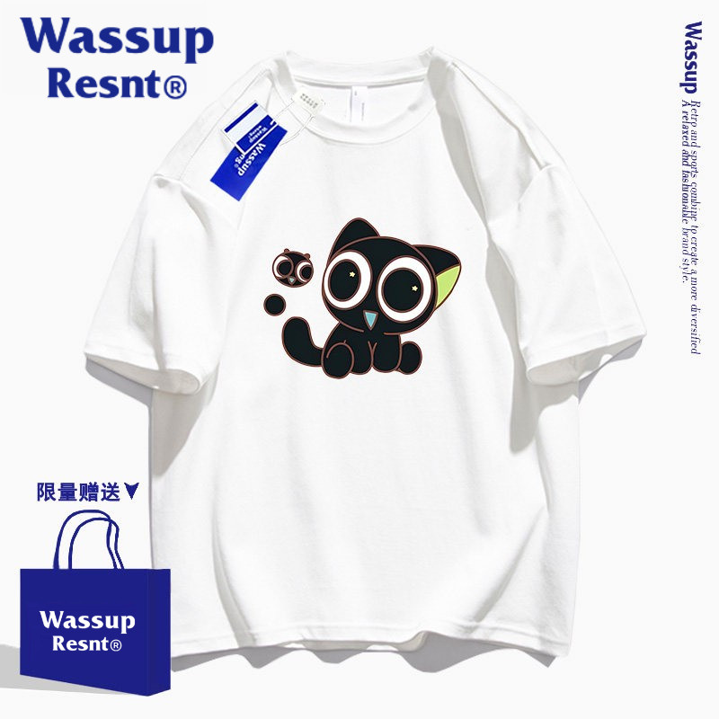 wassup联名罗小黑短袖t恤男夏季新款宽松休闲百搭半袖学生上衣服