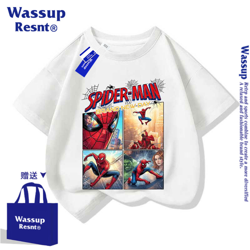 WASSUP蜘蛛侠4崭新之日儿童短袖t恤衫男女纯棉半袖Spider上衣服
