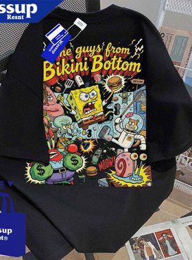 WASSUP美式海绵宝宝涂鸦T恤男2026新款宽松情侣装小众设计感上衣