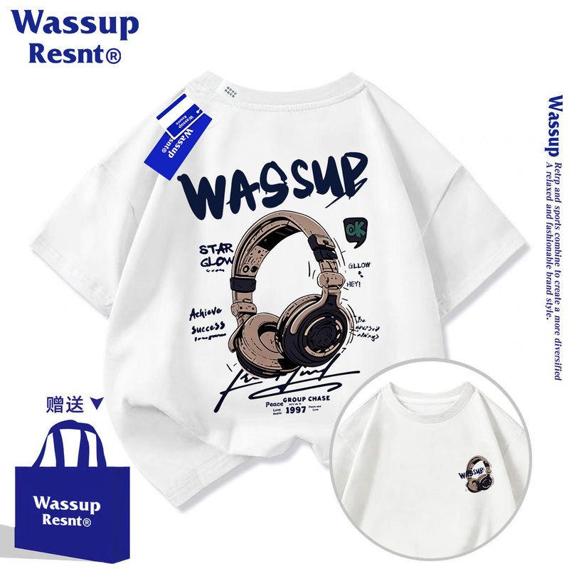 WASSUP童装男童女童耳机中大小儿童短袖t恤休闲T恤帅气夏季衣服