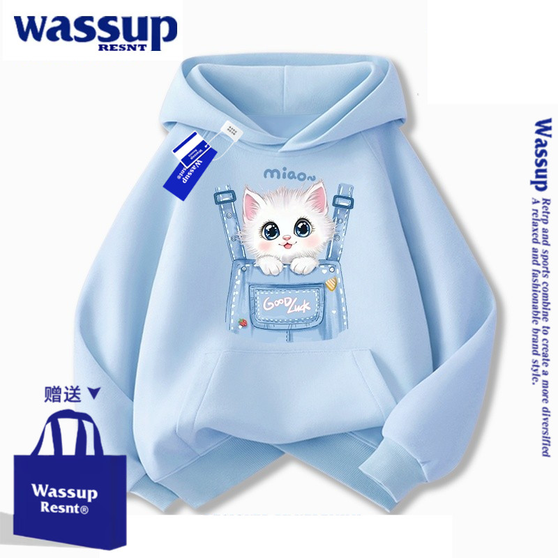 WASSUP小猫咪女童蓝色连帽卫衣2026新款洋气中大童外套儿童秋装