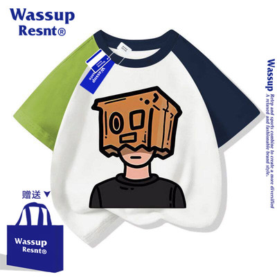 WASSUP新款时髦男孩女孩短袖棉t恤盒子男孩半袖休闲衫新款上衣服