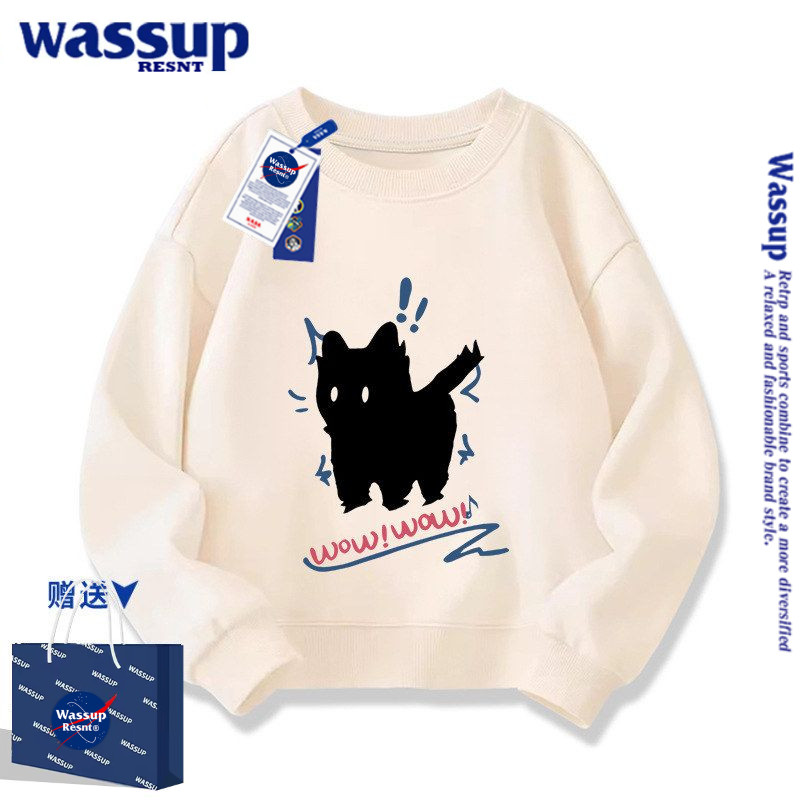 WASSUP猫咪儿童黑色圆领卫衣2026新款春秋冬加绒加厚男女孩中大童