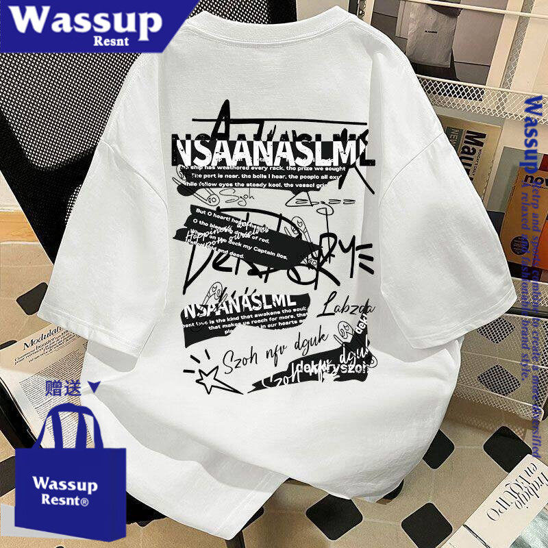 WASSUP纯棉黑色短袖T恤男女情侣夏季ins半袖上衣T恤衫情侣装夏装