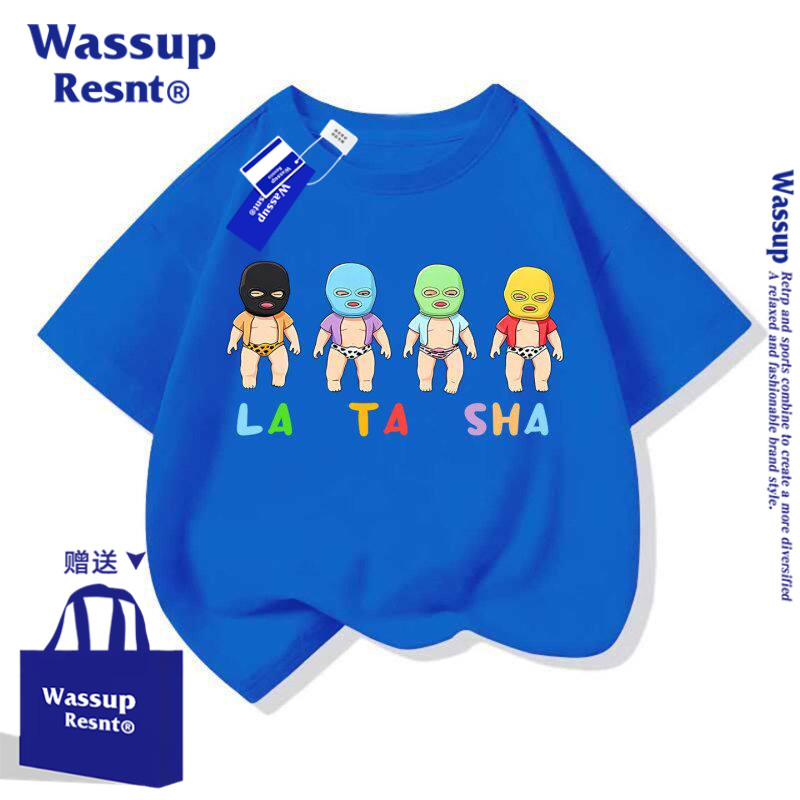 WASSUP娜塔莎小黑娃娃卡通搞笑网红短袖棉t恤半袖衫夏装上衣服新