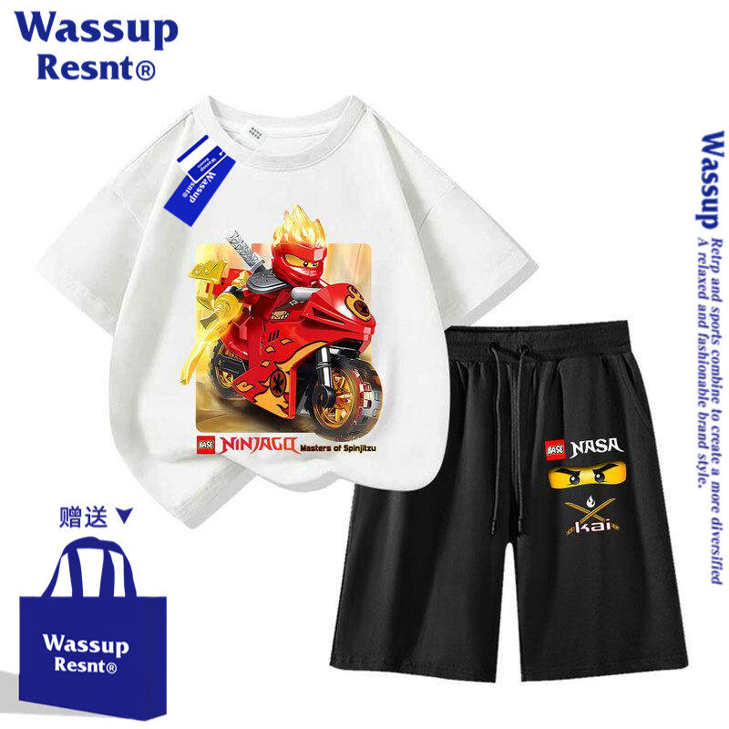 WASSUP幻影忍者T恤短袖夏季宽松棉半袖男童衣服儿童服装大童套装
