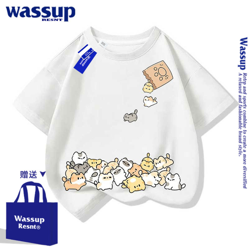 WASSUP联名猫咪t恤儿童短袖2026新款夏季卡通可爱男女童夏装上衣