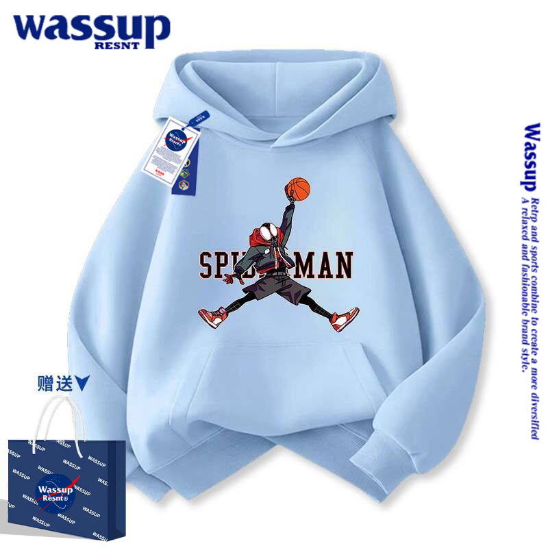 WASSUP联名新款宽松休闲上衣秋冬季卡通蜘蛛侠Spider-Man连帽卫衣
