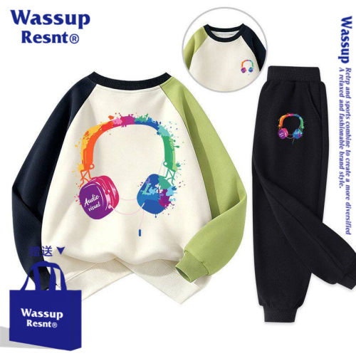 WASSUP2026新款时髦洋气耳机拼接袖棉卫衣裤子套装上衣潮童秋冬装