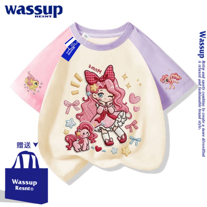 WASSUP小女孩仿刺绣卡通中小儿童学生短袖t恤衫休闲半袖上衣服