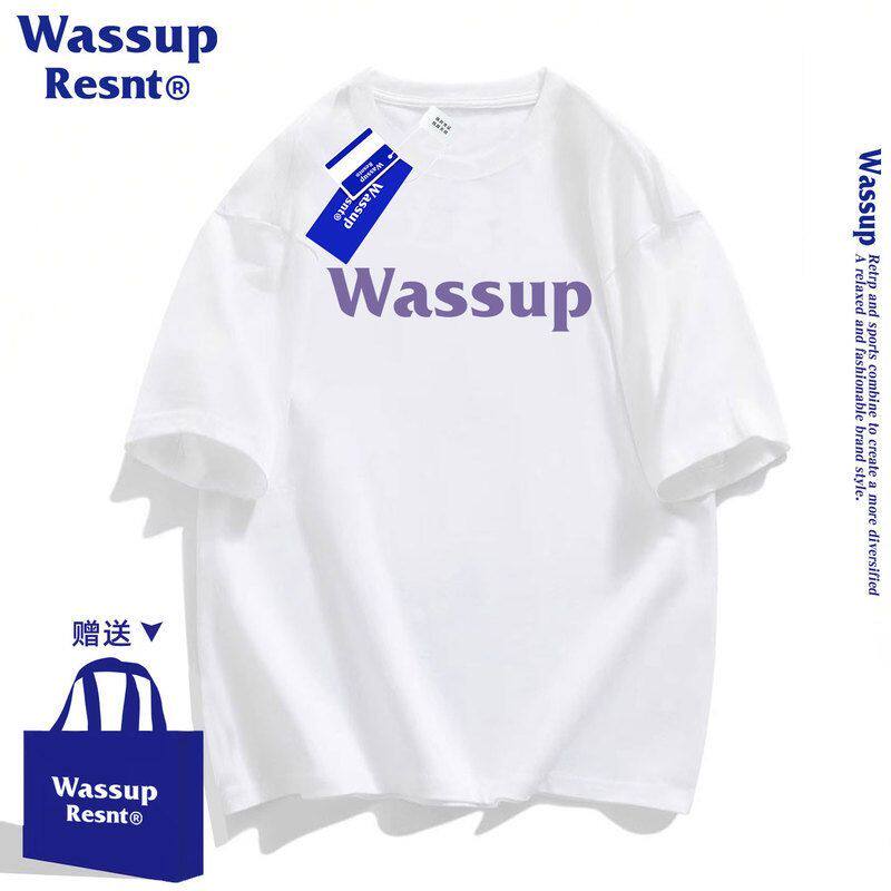 WASSUP潮牌短袖T恤男圆领夏季简约印花纯色纯棉宽松情侣字母上衣