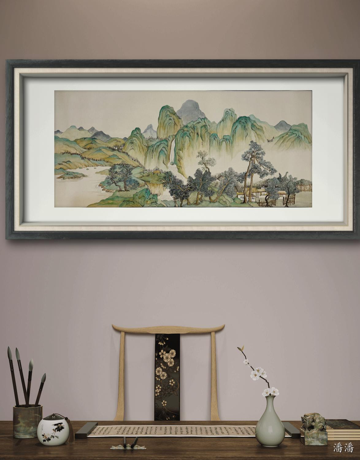 手绘国画真迹新中式客厅山水画书房茶室挂画江山清远图仿古装饰画