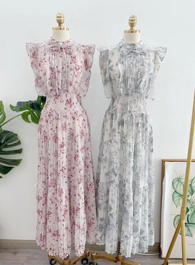 24春夏新品女装甜美仙女小飞袖印花系带百褶雪纺连衣裙SWFO241060