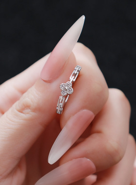 s999纯银足银戒指女ins小众轻奢感四叶草链条食指开口可调节