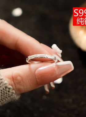 S999纯银足银韩版指戒花卉戒指气质简约指环设计感开口可调节