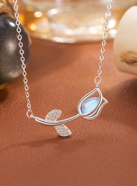 S999纯银郁金香项链女夏新款轻奢小众百搭气质精致足银锁骨链吊