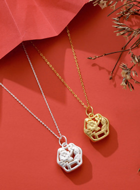 S999纯银足银项链3D硬银镂空莲花复古中国风百搭锁骨链颈饰品礼物