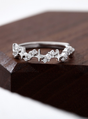 S999纯银足银戒指璀璨星河星星镶钻戒指冷淡风四芒星网红开口