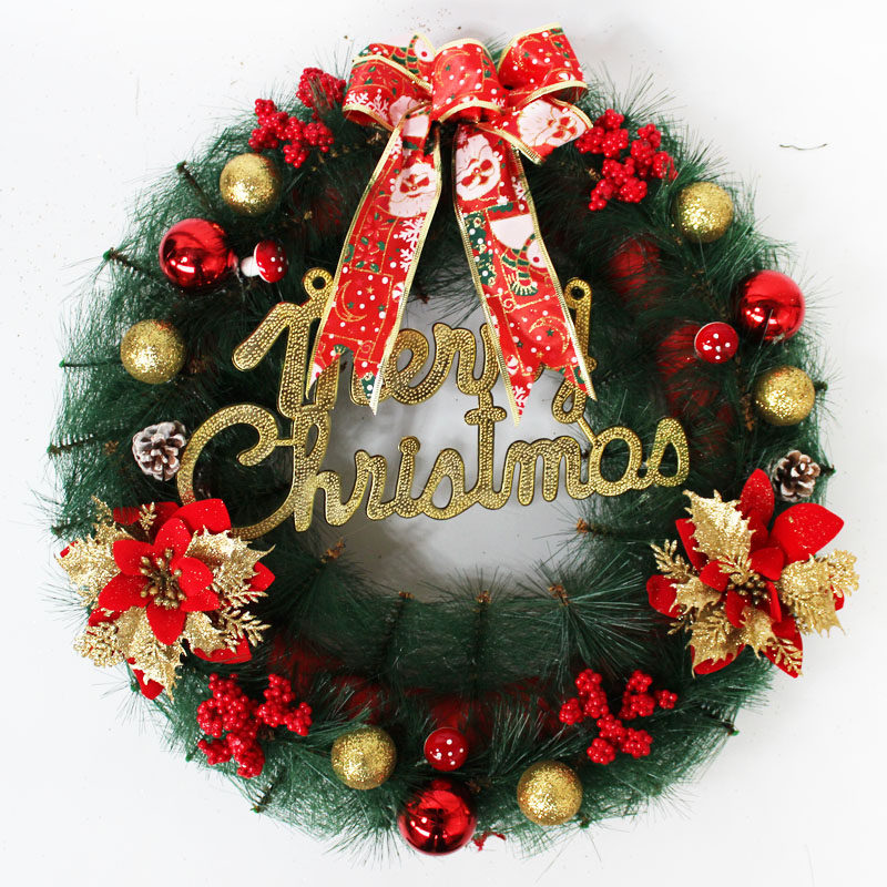 圣诞花环40 50cm挂饰圣诞节藤条装饰品圣诞树装饰松针蝴蝶结金色