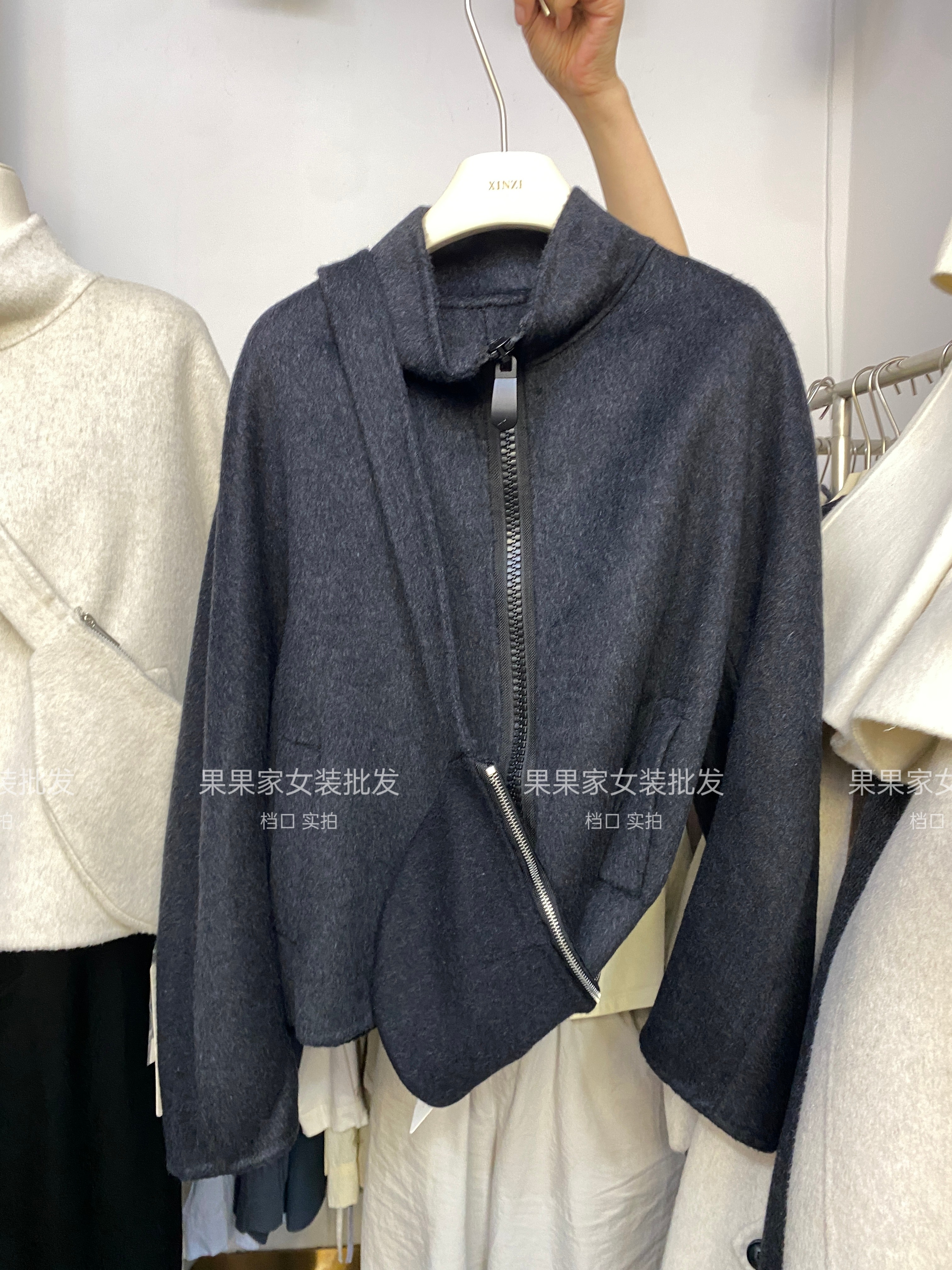 拉链款双面澳洲细羊毛大衣女短款2025年秋冬新款韩版立领毛呢外套