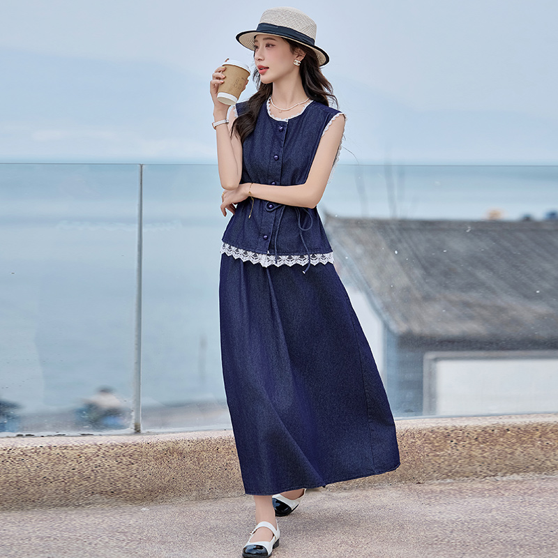 藏青色蕾丝拼接牛仔马甲套装裙女