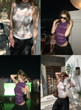 Thas9i九亿网纱拼接条纹修身弹力高领背心女性感露背网纱无袖上衣