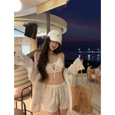 Thas9i九亿 水手领小马条纹衬衫外套女系带松紧腰短裤比基尼套装