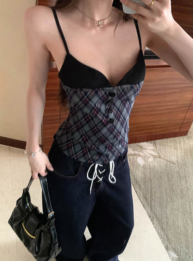 Thas9i九亿 蕾丝拼接假两件吊带背心女修身撞色红格纹抹胸上衣