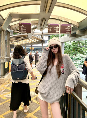 Thas9i九亿 马德里假日 V领撞色翻领航海风羊毛牛绒麻花毛衣上衣