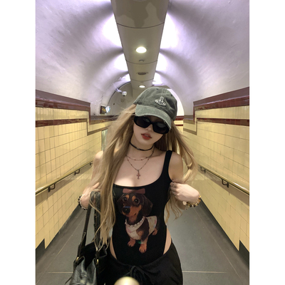 印花针织吊带背心性感弹力连体衣