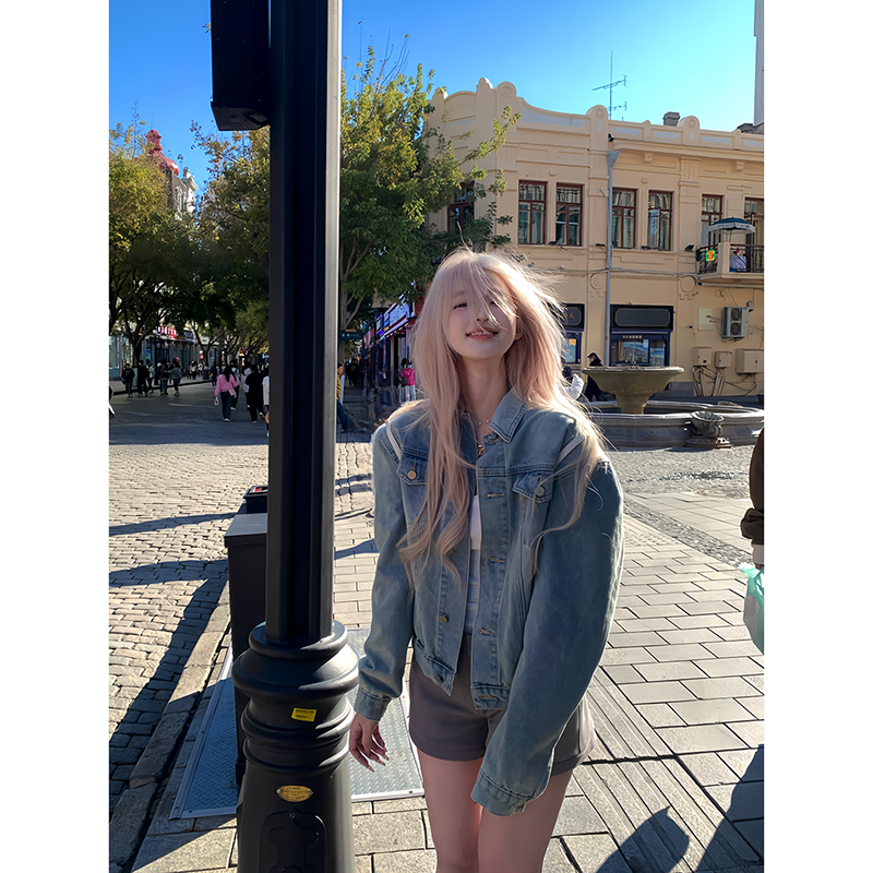 Thas9i九亿 牛仔超忙 复古蓝水洗垫肩牛仔外套女秋季休闲短款夹克,女装/女士精品,短外套,淘宝优惠券,粉丝福利购,淘宝优惠卷