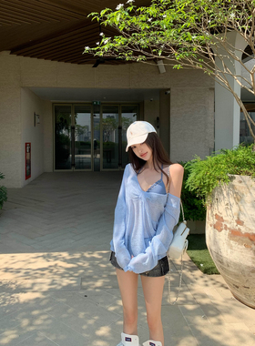 Thas9i九亿 蝴蝶结镂空微透宽松休闲针织罩衫女三角杯比基尼套装