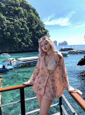 Thas9i九亿 凯蒂画家 复古印花KT猫绑带衬衫春季宽松显瘦休闲外套