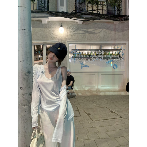 Thas9i九亿 薄荷苏打 天丝轻薄微透宽松罩衫开衫上衣&蕾丝边吊带