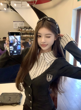 Thas9i九亿 复古学院风假两件长袖针织打底衫女拼接条纹衬衫上衣