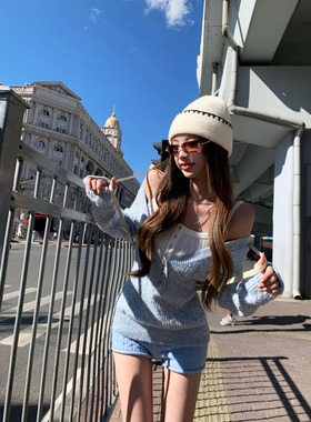 Thas9i九亿 baby蓝调 正反两穿彩点微宽松绞花毛衣&弹力短裤套装