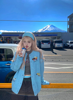 Thas9i九亿 小狗日记 刺绣针织开衫女秋宽松毛衣外套蓝色羊毛上衣