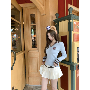 Thas9i九亿 学院风撞色修身坑条针织上衣女低腰短款毛呢百褶半裙