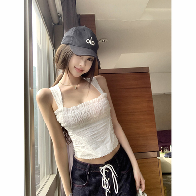 Thas9i九亿 白色肌理感打揽修身鱼骨抹胸上衣女内搭打底吊带背心